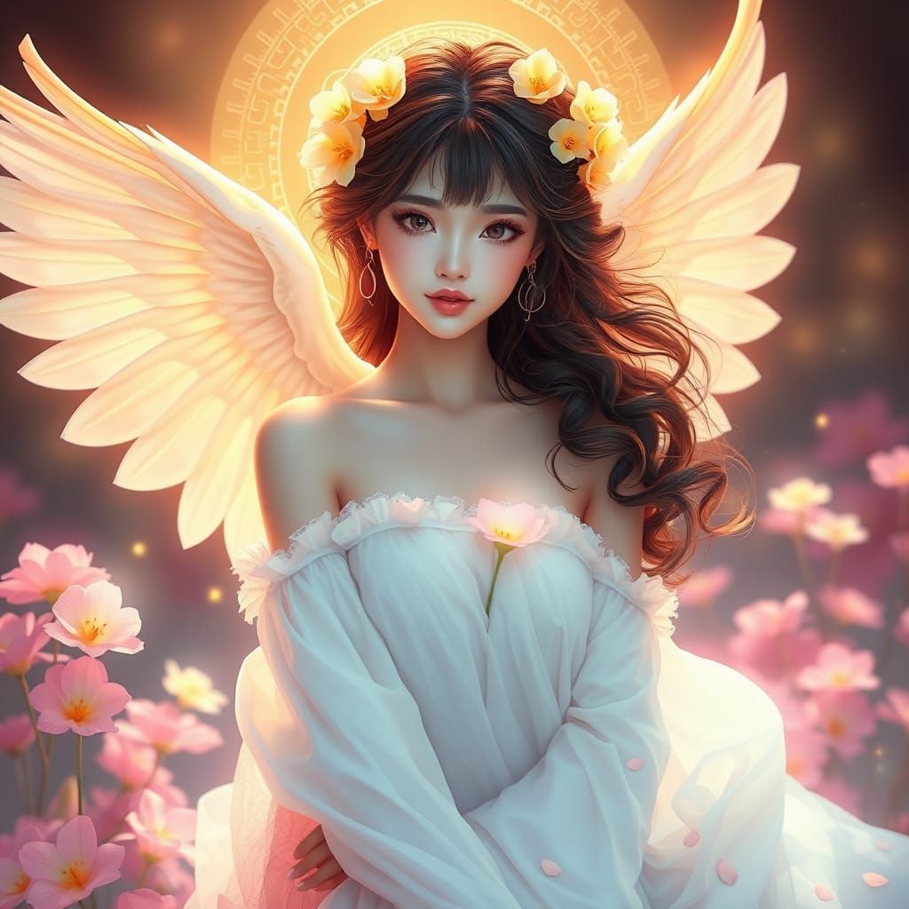 Ethereal Chinese Woman with Flowers in Digital Art