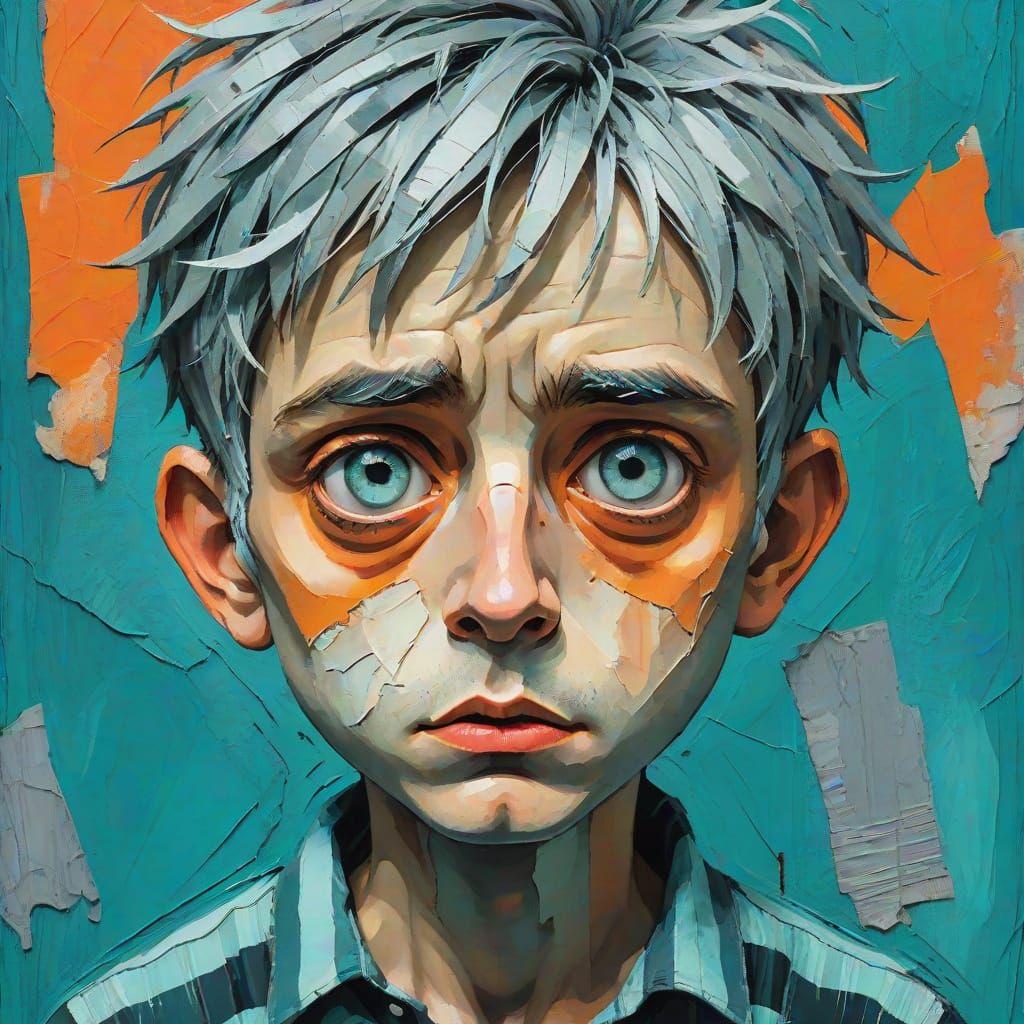 Surreal Portrait of Worried Boy in Mixed Media Collage Style