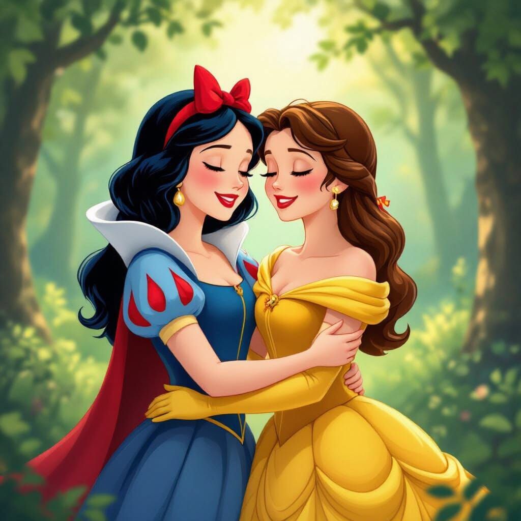 Snow White and Belle Embrace in Whimsical Forest