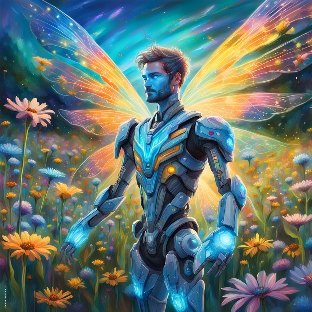 Cyborg Fairy Flies Over Wildflower Field