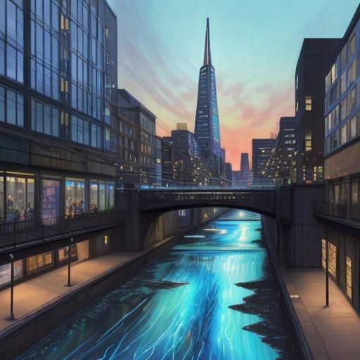 Mosquito and River Painting in Mixed Media Style