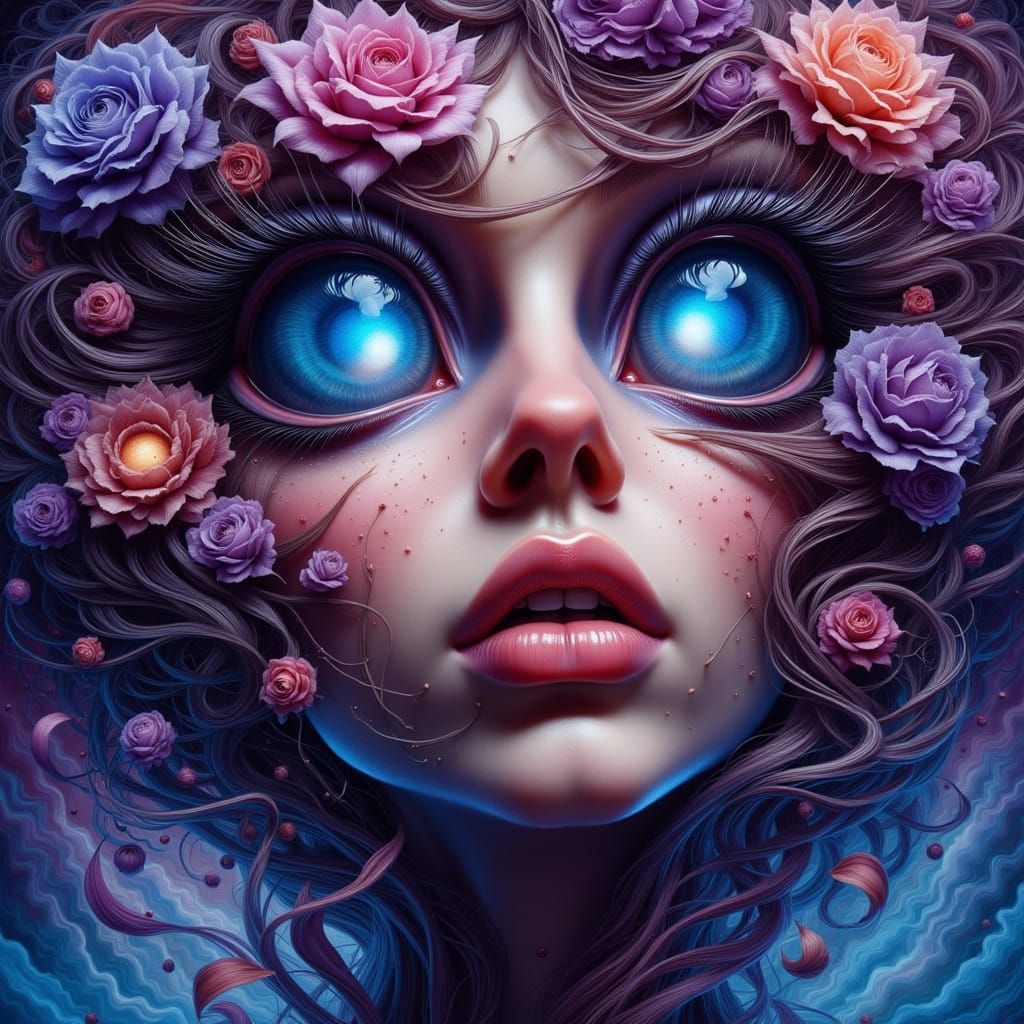 Elegant Woman with Floral Galaxy Hair in Graffiti Style