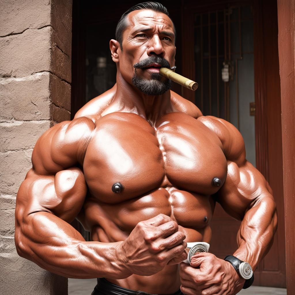 Muscular Mexican Security Man Smoking Cigar