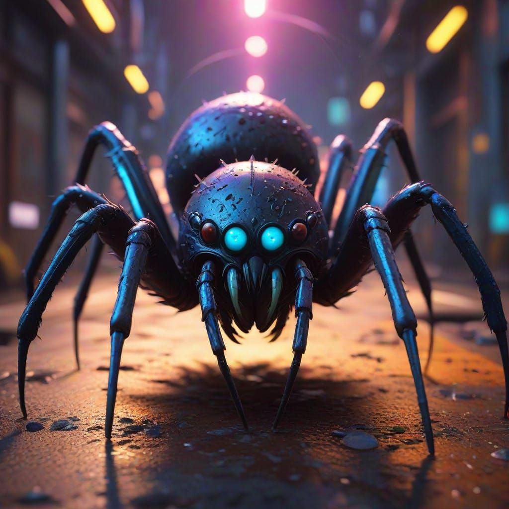 Glossy Alien Spider Creatures in Neon-Lit Landscapes