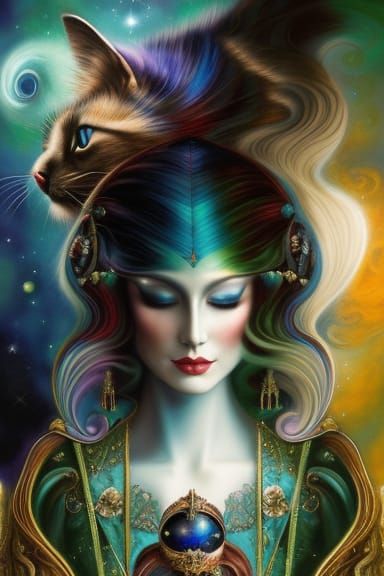 Woman in Flowing Dress with Emerald Kittens, Pre-Raphaelite ...