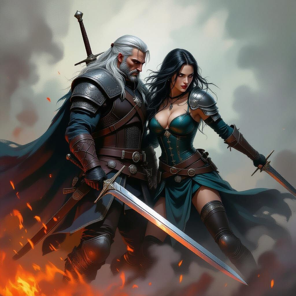 Geralt and Yennefer in Dark Fantasy Battle