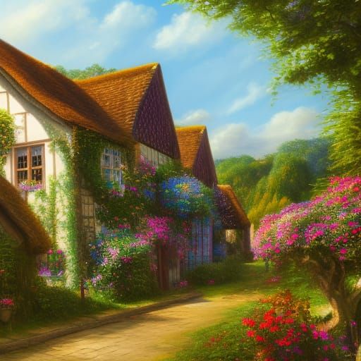 Idyllic English Village with Church in Oil Painting Style