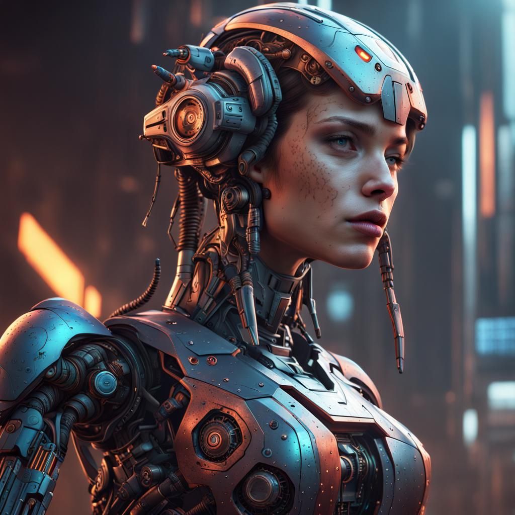 Cyborg Girl with Robot Pilots in Detailed Matte Painting