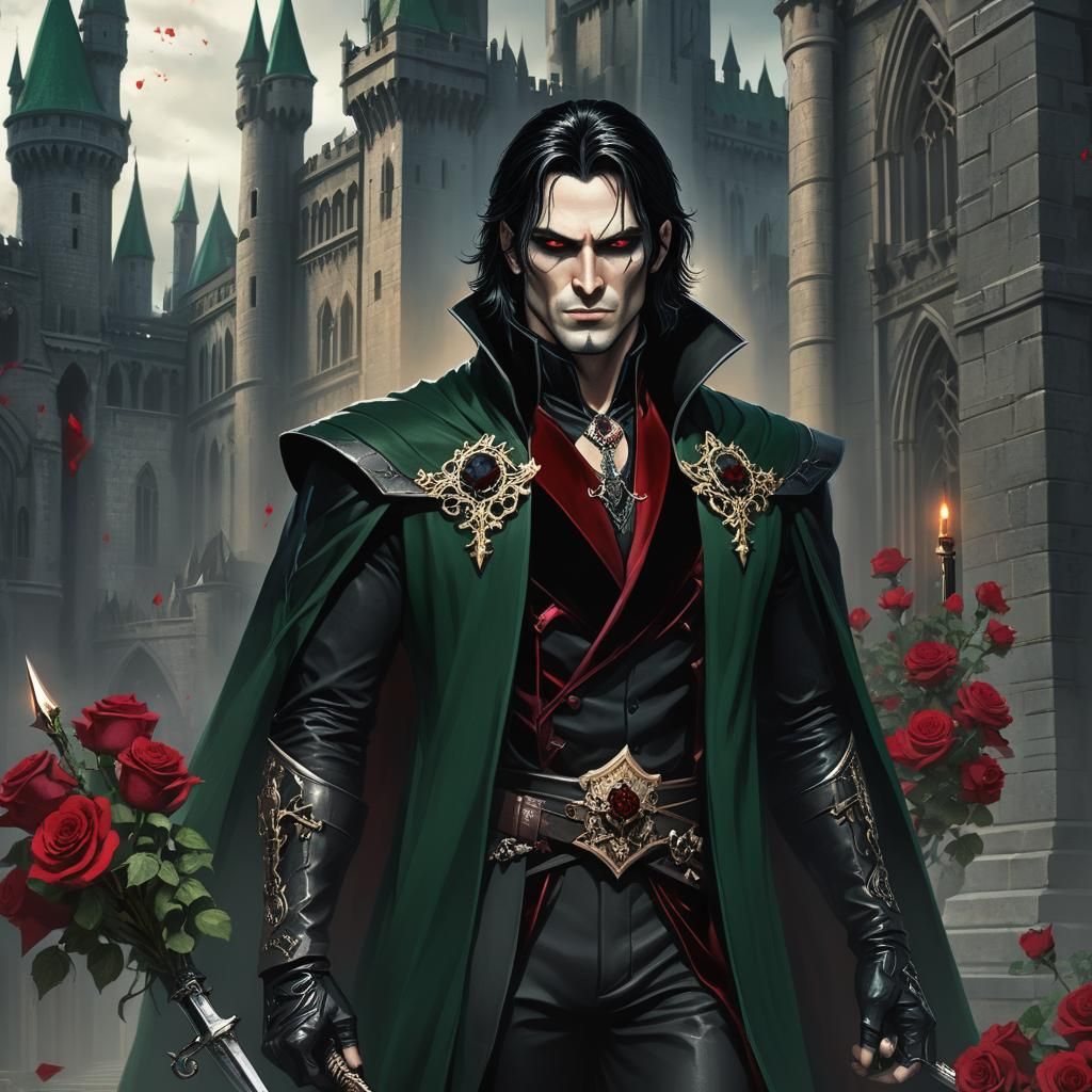 Emerald-Eyed Villain with Crimson Sword: Dark Fantasy Art