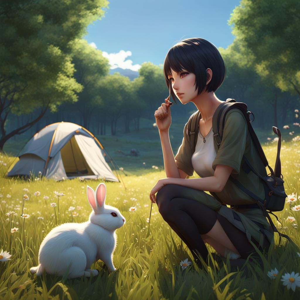 Woman Camping with Rabbits in 3D Anime Style
