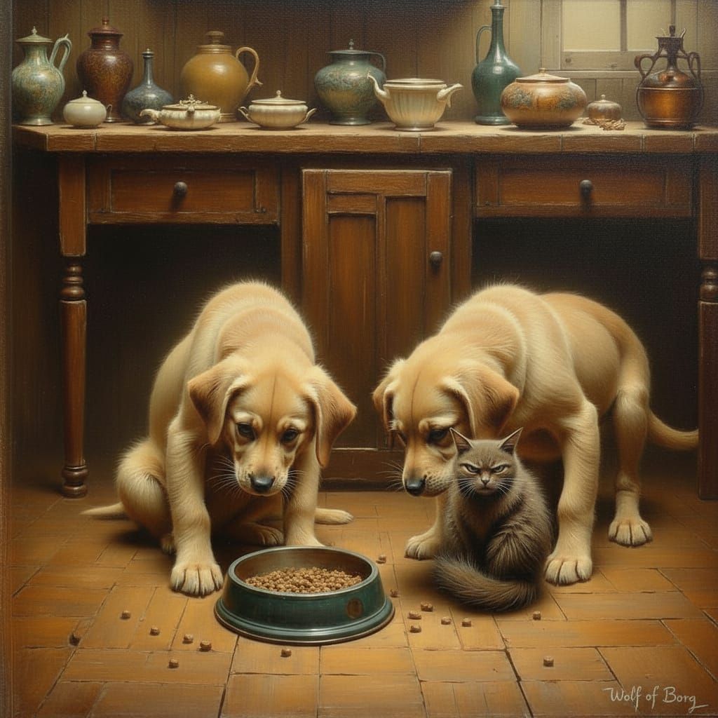 Golden Lab Puppies Steal Cat Food in Rustic Kitchen