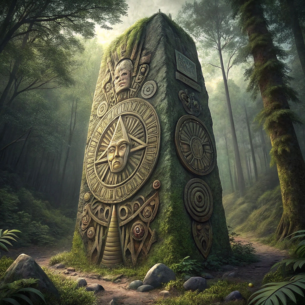 Moss-Covered Alien Monolith with Aztec-Inspired Carvings