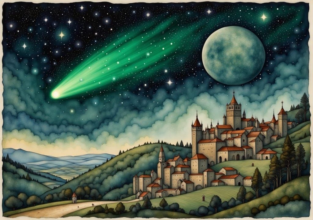 Green Comet over Medieval City in Renaissance Style