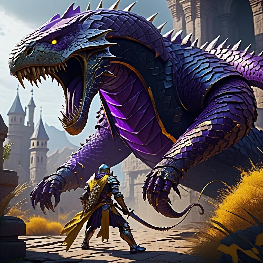 Knight Versus Giant Snake in Dark Fantasy Style