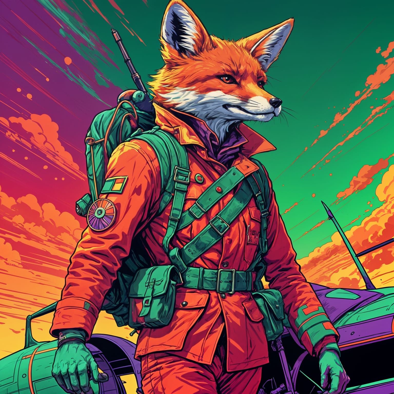 Anime Fox Pilot in Neon World War I Scene