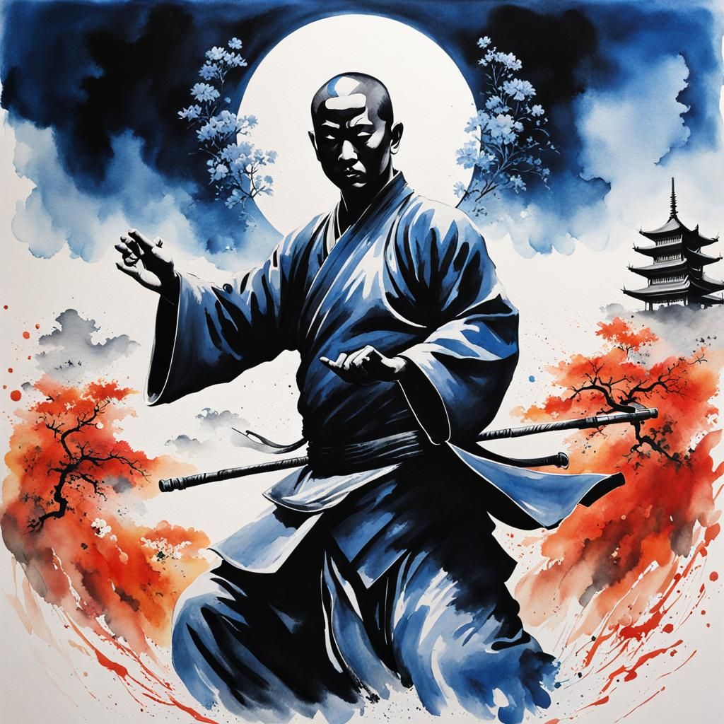 Monochrome Watercolor: Shaolin Monk in Rising Sun