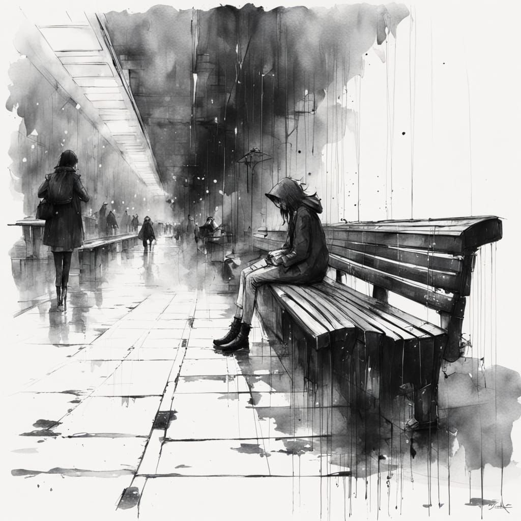 Lonely Traveler in Rainy Train Station Scene