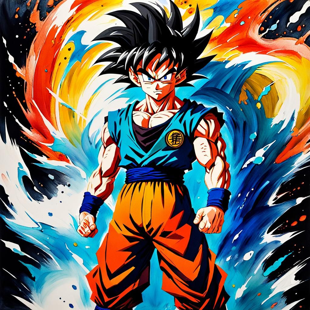 Epic Goku Transformation in Vibrant Gouache Style