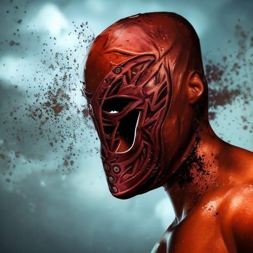 pro wrestler masked decay  Hyperrealistic, splash art, concept art, mid shot, intricately detailed, color depth, dramati...