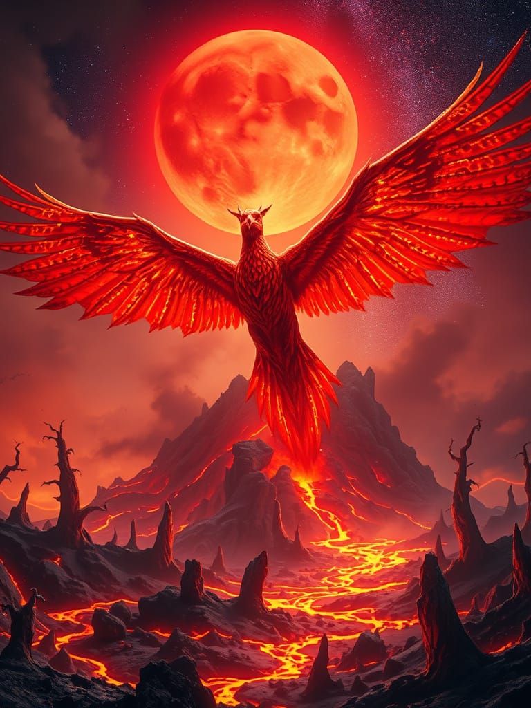 Gargantuan Phoenix Soars Above Volcanic Eruption in Fiery, C...
