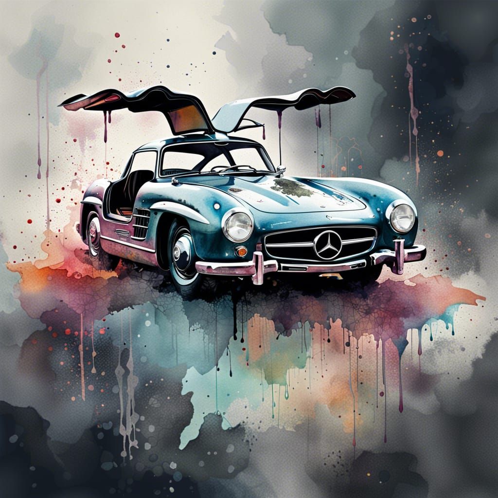 Watercolor Mercedes Gullwing Splatter Art