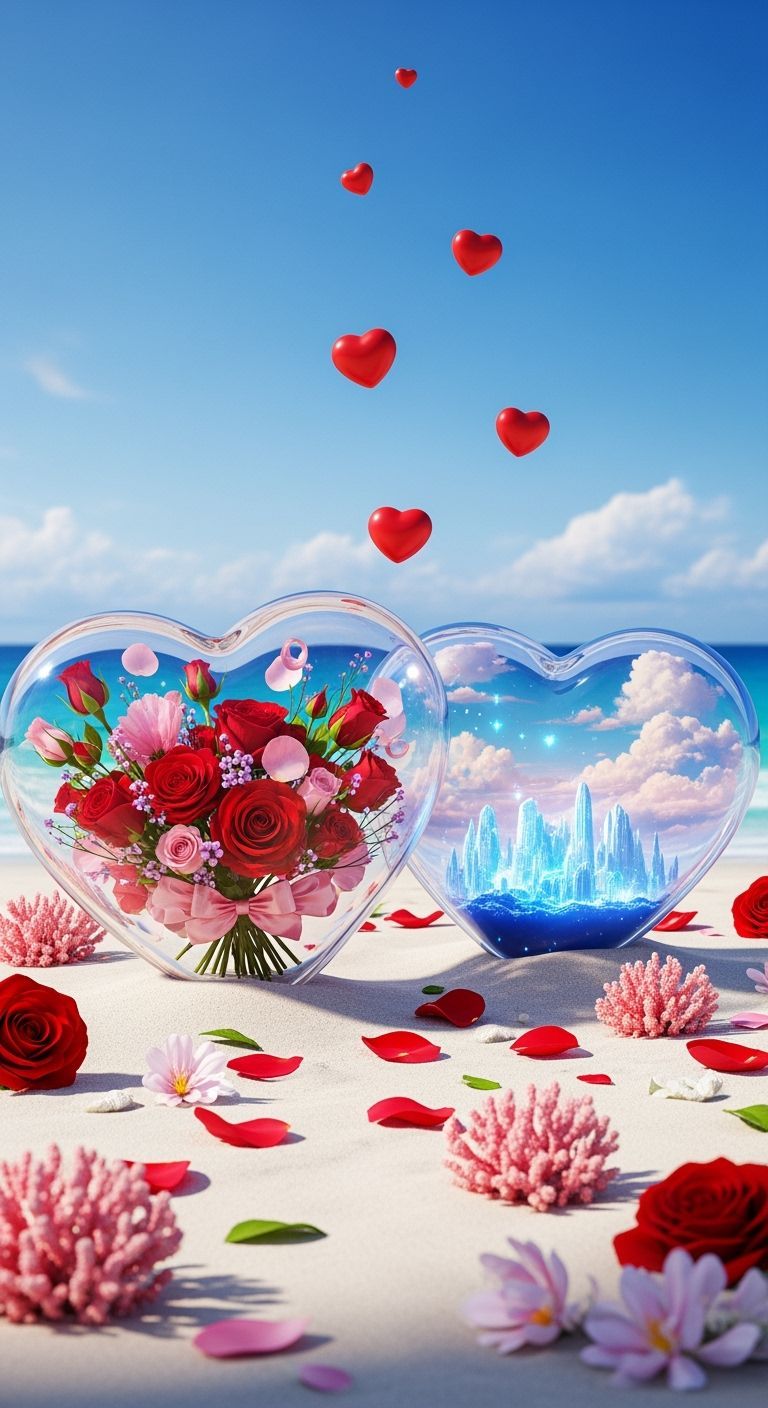 Romantic Beach Scene with Glass Heart Sculptures