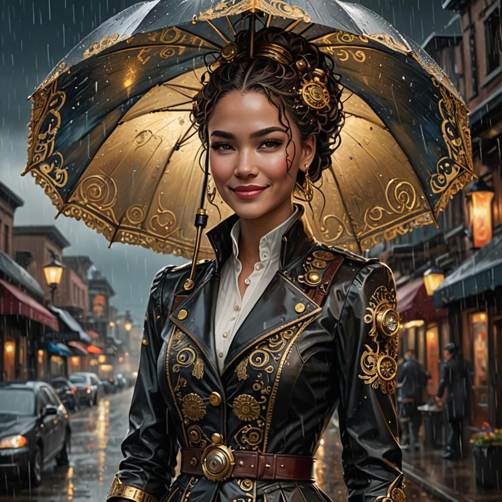Steampunk Woman with Ornate Umbrella in Rain