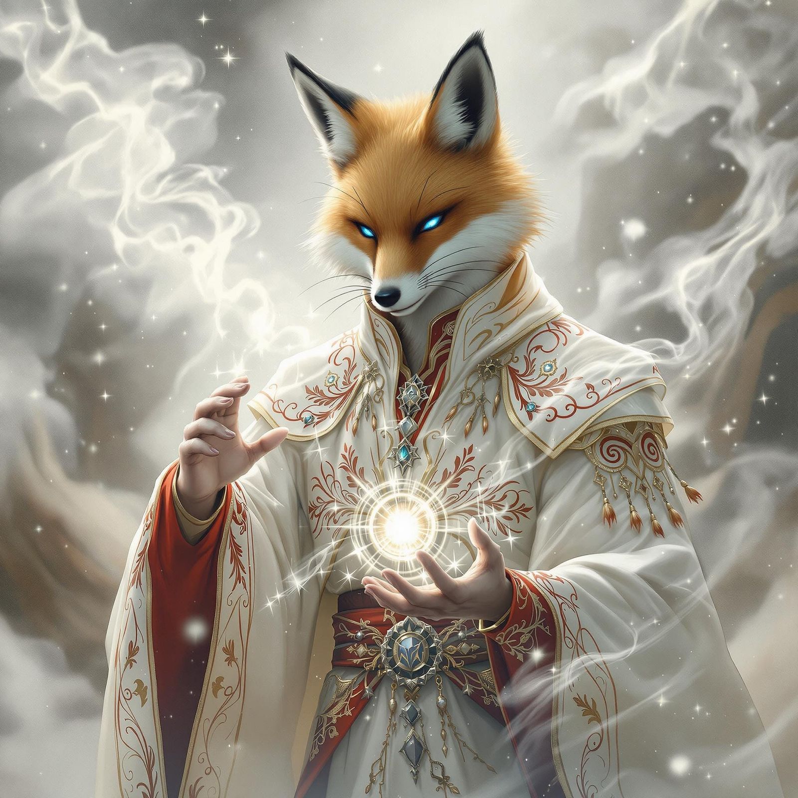 Sorcerer Fox Weaves Mystical Spell in Whimsical Dreamscape