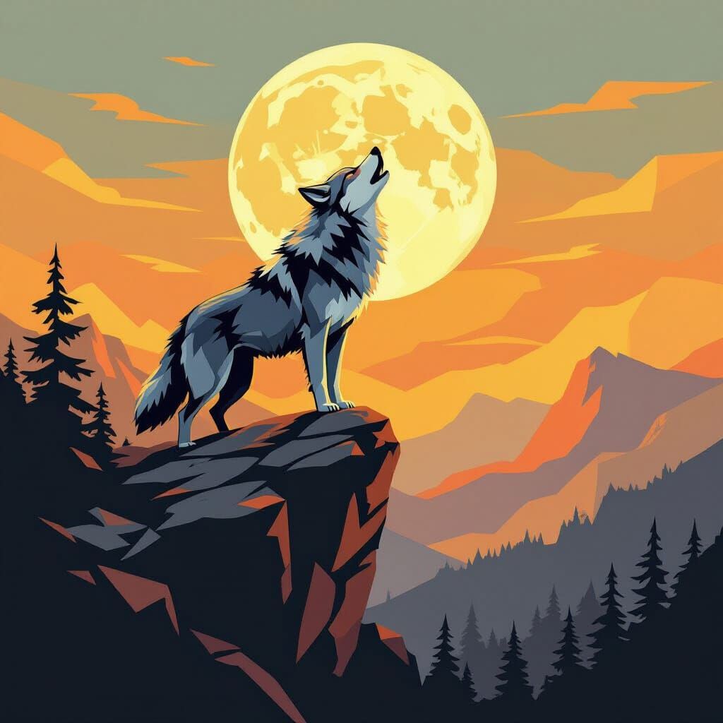Cubist Gray Wolf Howling at the Moon