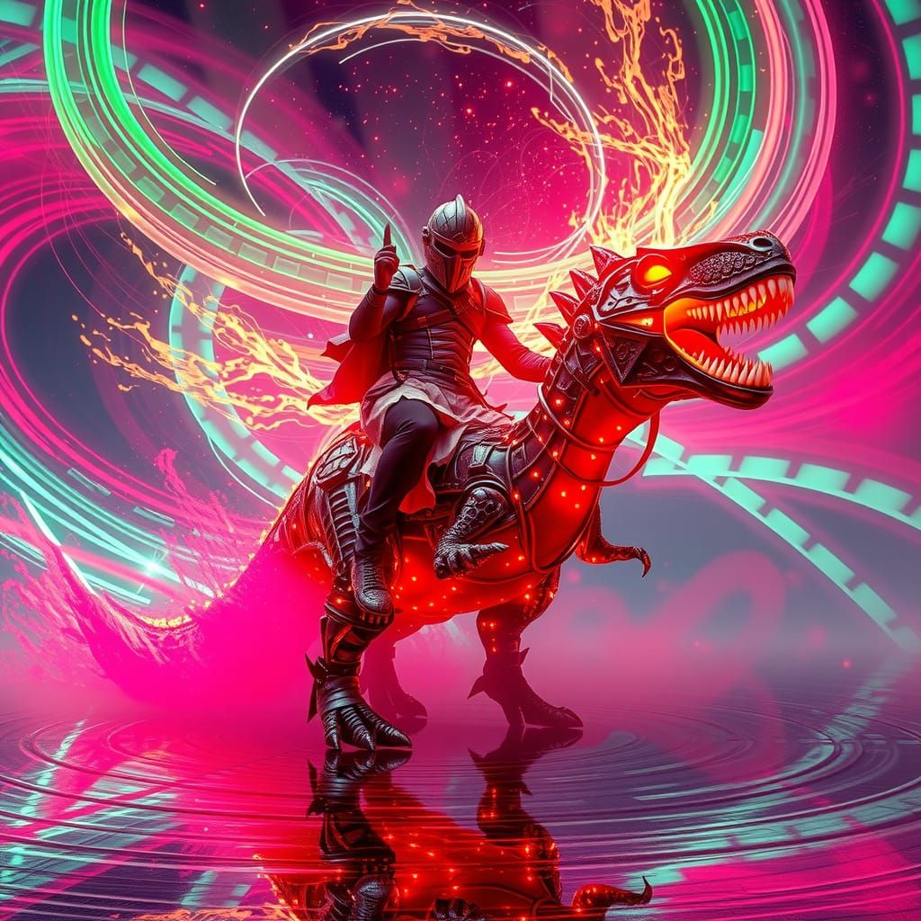 Cyberpunk Warrior Rides Glowing Metal Dragon in Neon-Lit Vor...