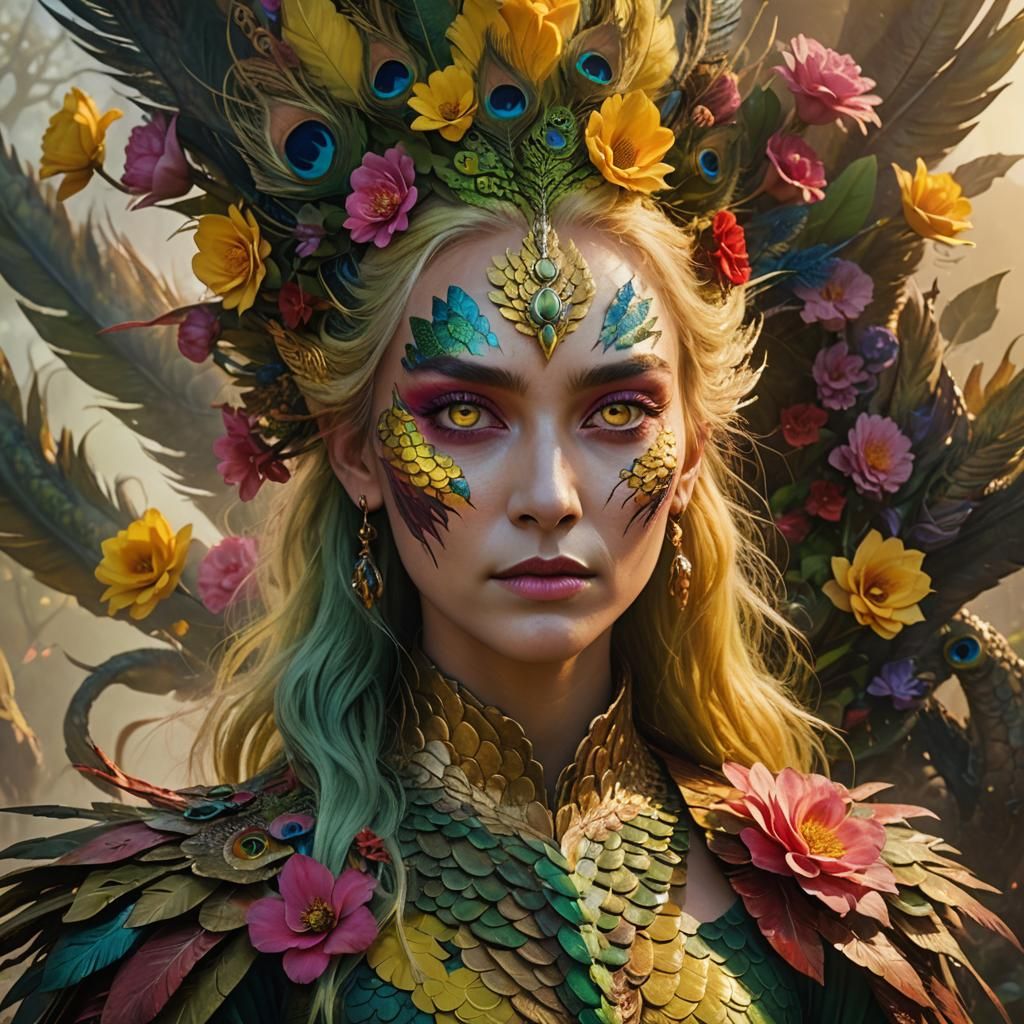 Dragon Peacock Woman Portrait in Art Nouveau Style