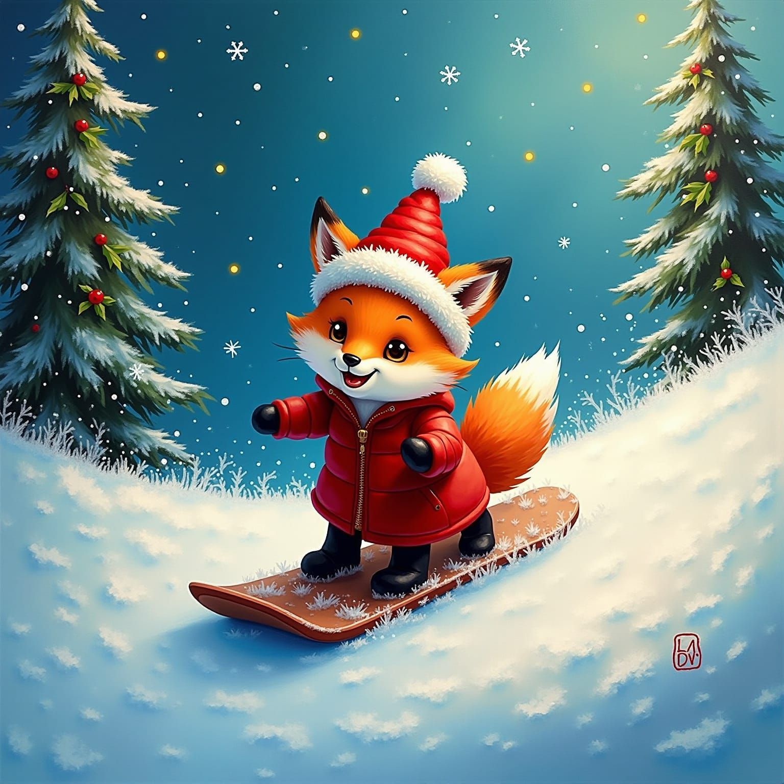 Fox Cub Snowboarding: A Whimsical Winter Painting