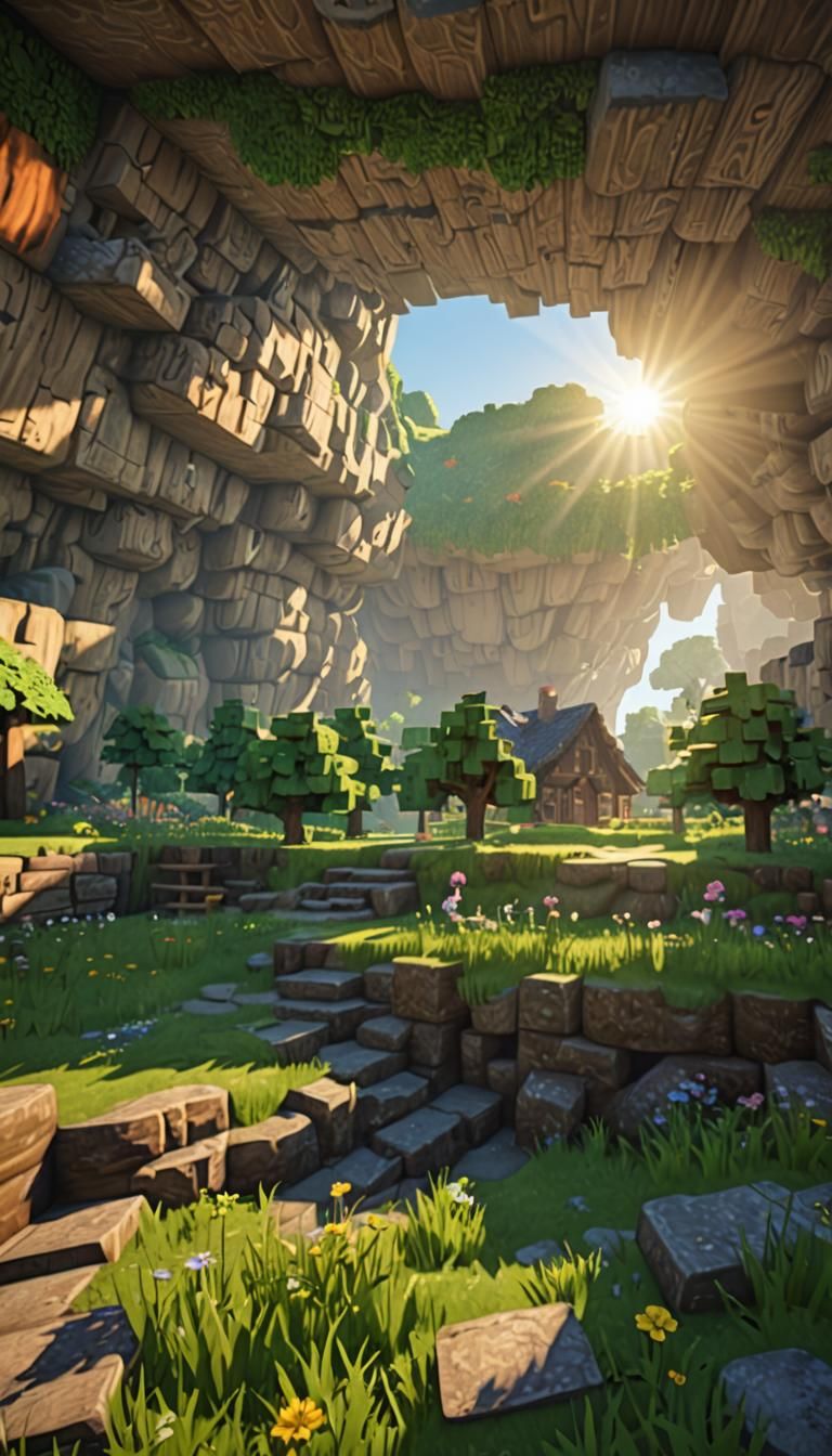 Minecraft Cave Entrance with 3D Shading