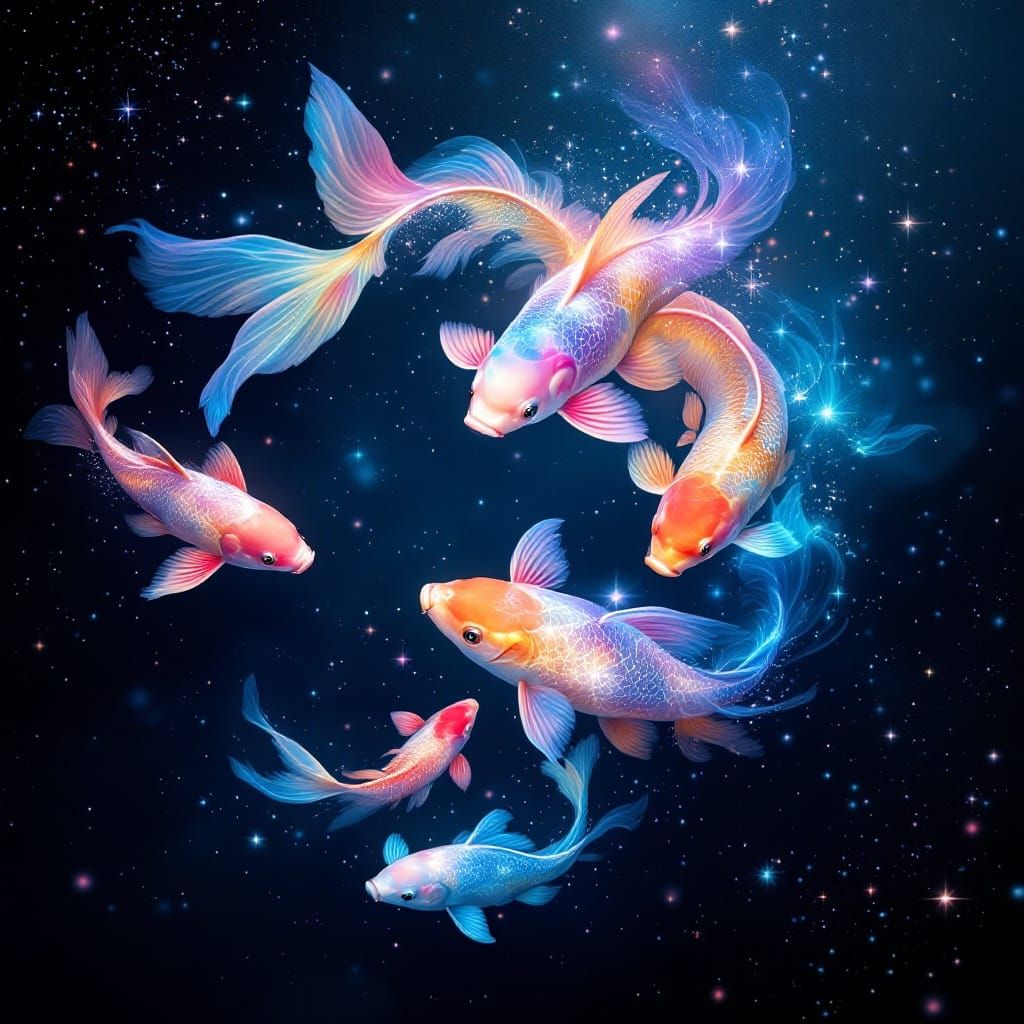 Iridescent Koi Fish Dance Through Cosmic Realms