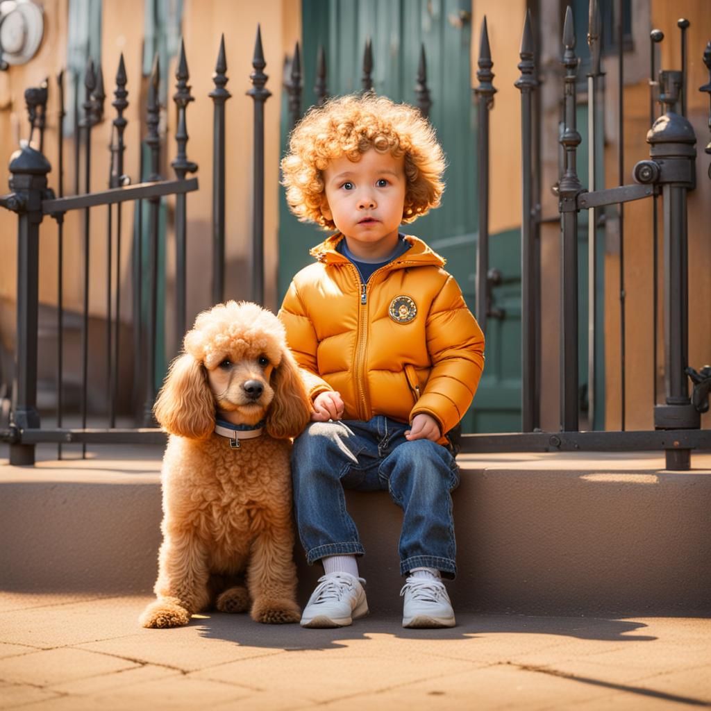 Toddler Protected by Golden Poodle: Pixar Cartoon Style