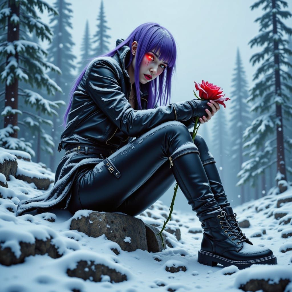 Punk Woman in Snowy Landscape with Frozen Rose