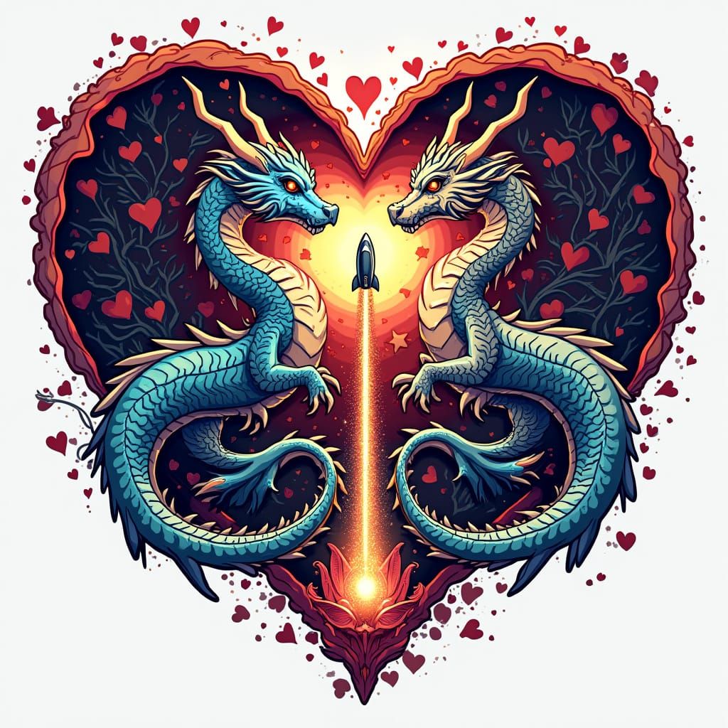 Vibrant Fantasy Logo with Dragons and Rocket Ship