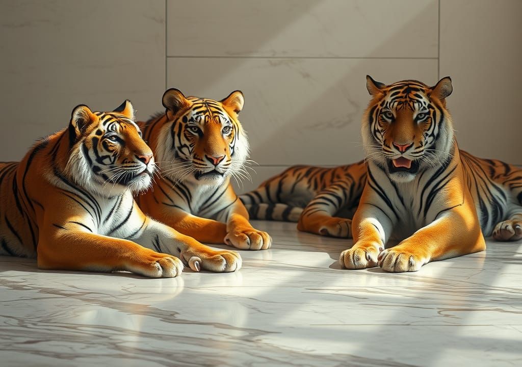 Resting Big Cats on Checkered Floor