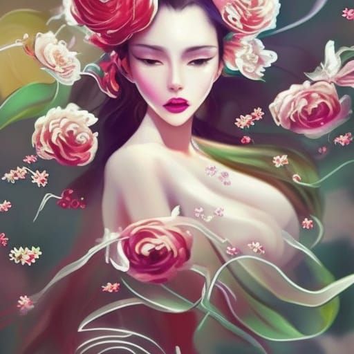 Woman with Flowers: Digital Art Nouveau Painting