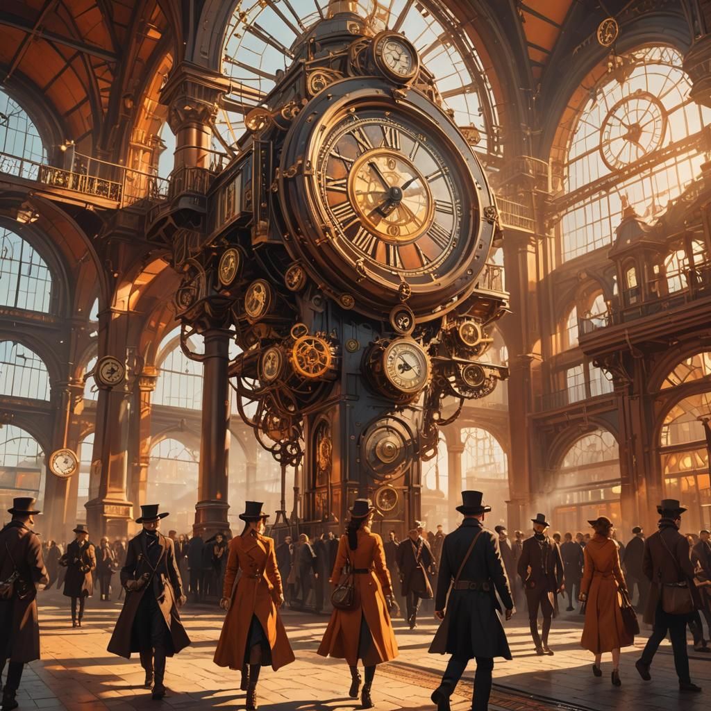 Steampunk Train Station with Clock Tower and Gears