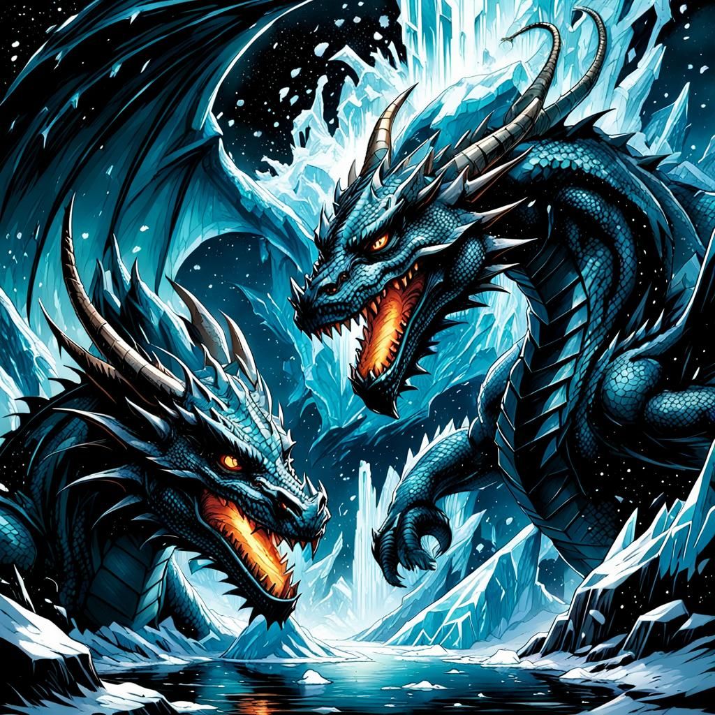 Dragons of Water and Ice in Comic Book Style