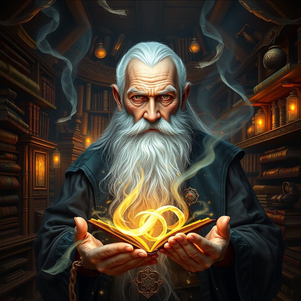 Wise Wizard in Arcane Library with Rembrandt Lighting