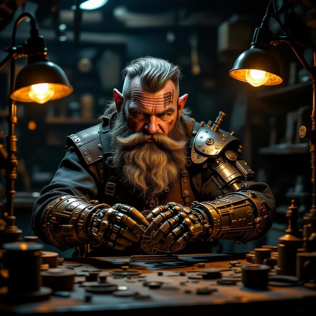 Dwarf Artisan Crafts Clockwork Limb in Steampunk Workshop