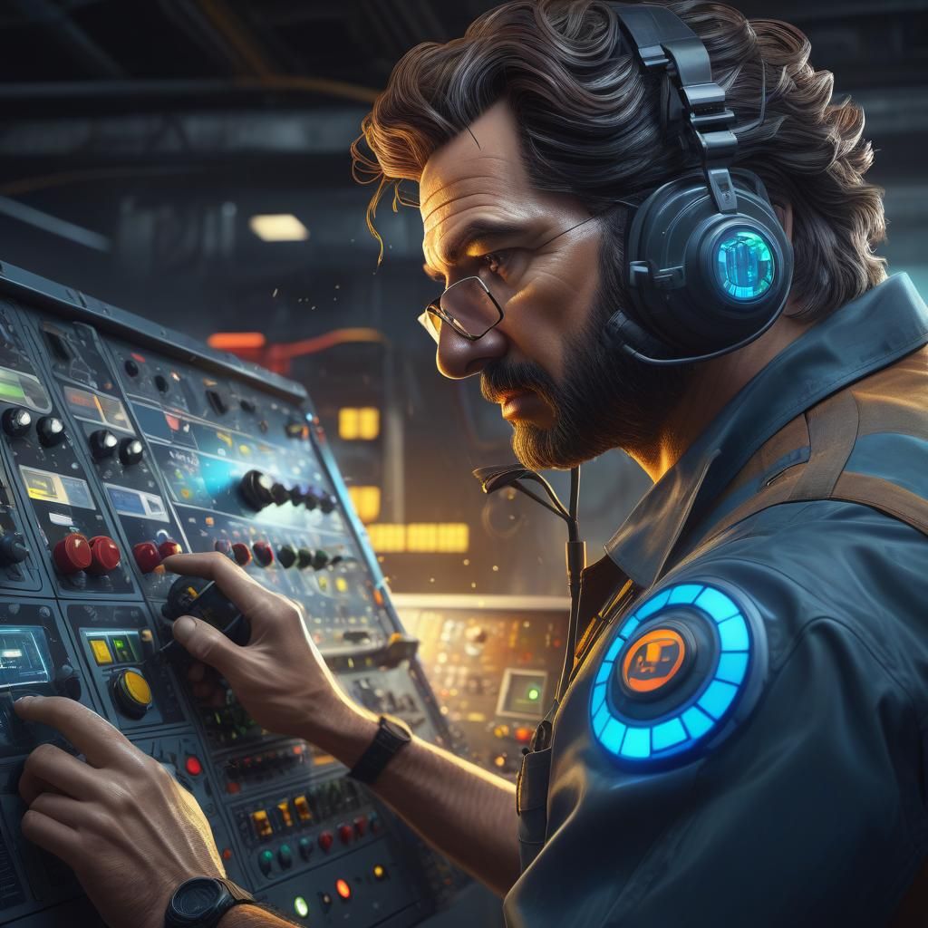 Engineer Repairs Control Panel in Hyperrealistic Style