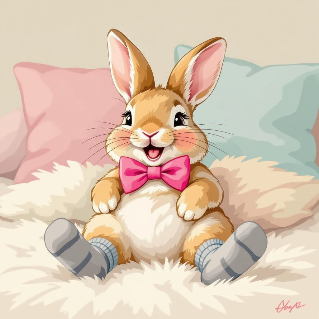 Tan Bunny with Bow Tie in Whimsical Style