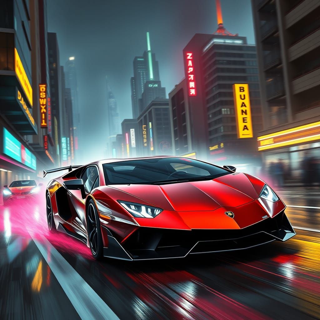 Lamborghini Races Through Gritty Neon Cityscape
