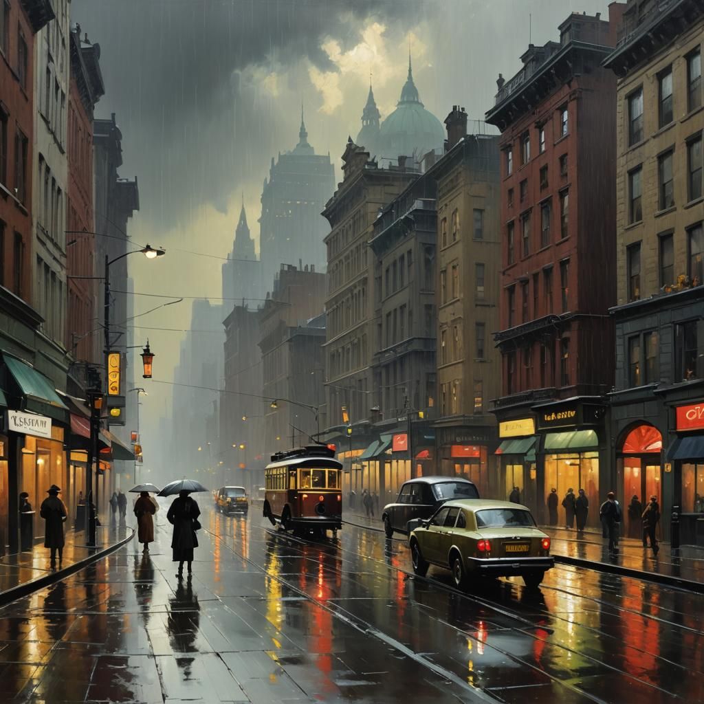 Rainy Cityscape Inspired by Nocturne and Impressionism