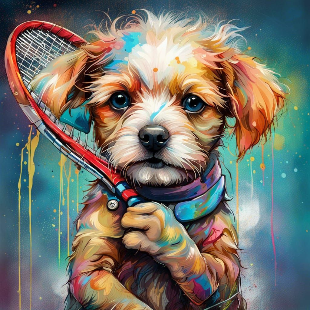 Portrait of sporty puppy holding racket wearing tennis band
