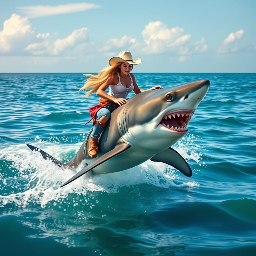 Cowgirl Rides Shark Leaping on Summer Day