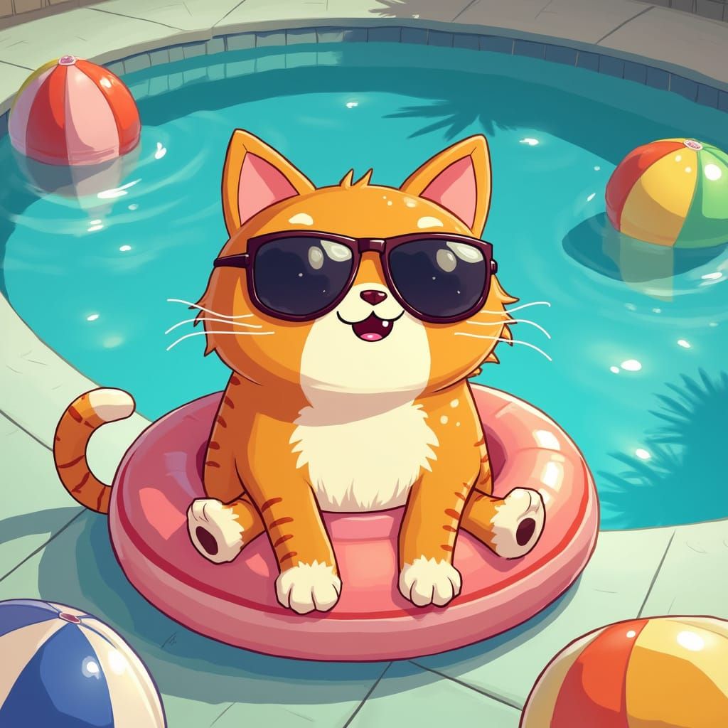 Trendy Cartoon Cat Lounging by Pool